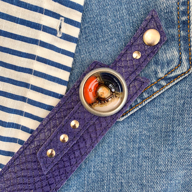 Cristalida Women`s Leather Wristband - Adjustable - Bright Blue, Orange, White- Width 1.6 Inches - Jewelry - Bonaire