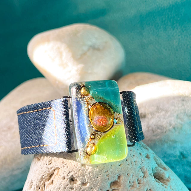 Cristalida Fashion Denim Bracelet /  2 cm / Jeans, Fused Glass / Green, Blue, Yellow