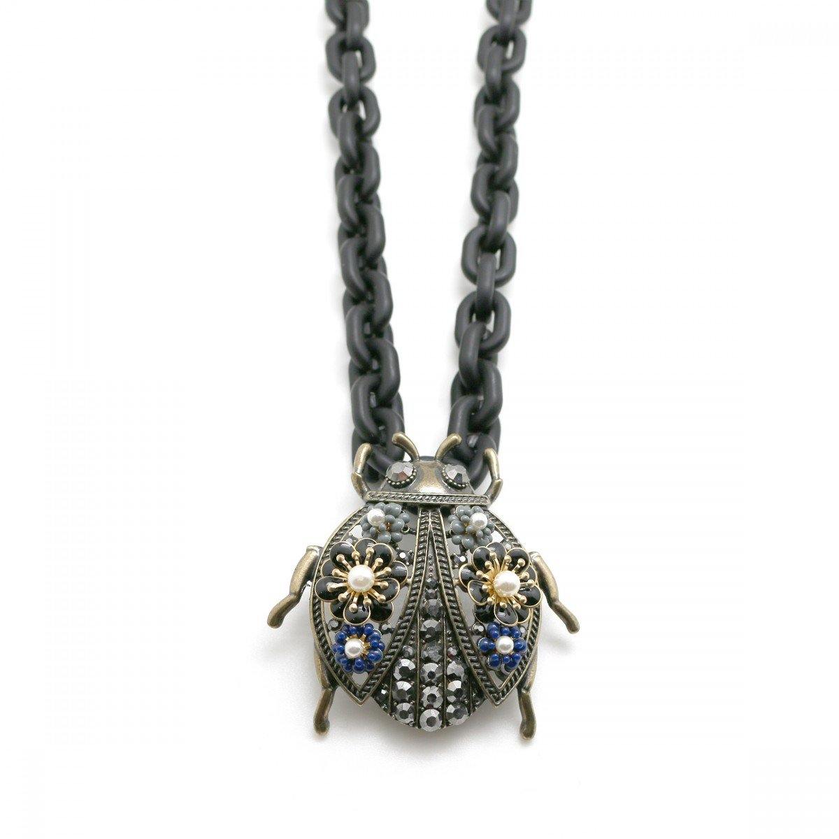 Moon C Ladybug Pendant on a Long Resin Chain/ Black / Resin, Brass, Crystals /  Gift Idea - JOYasForYou