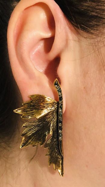 Alcozer Leaf Earrings / Golden Brass, Emeralds, Swarovski / 2.2 Inches / Statement Earrings
