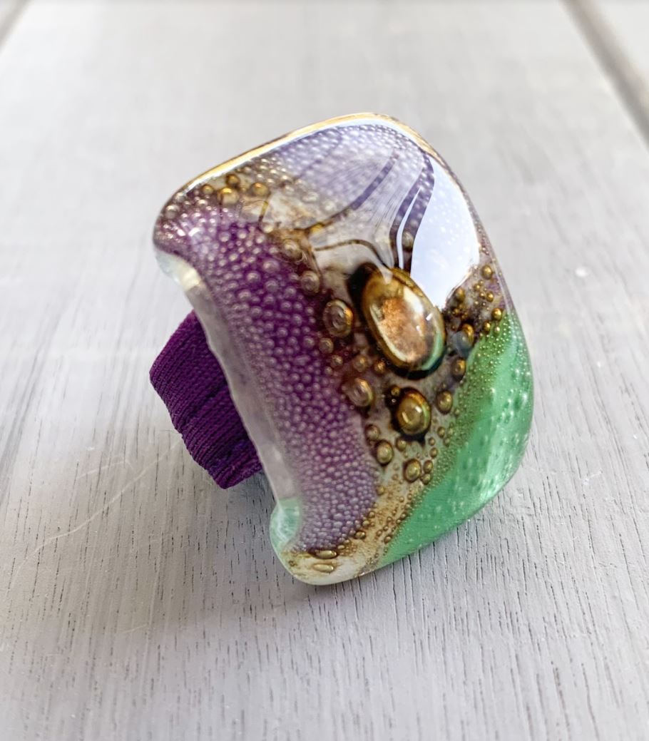 Cristalida Large Fashion Ring For Her / Fused Glass, Lycra / Bright Purple, Green / All Sizes