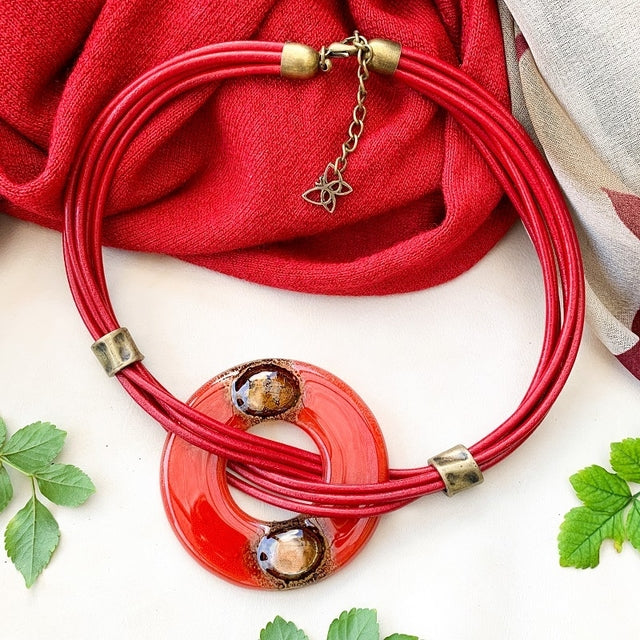 Cristalida Short Necklace / Fused Glass, Leather Cords / Red / 2.5 Inches Pendant / Arya Necklace