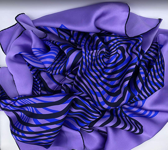 Large silk bright purple scarf with blue waves