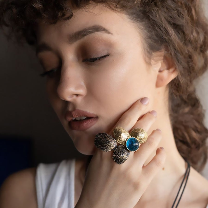 Kalliope Reef Ring For Women / Brass, Resin / Deep Blue, Aqua, Black / Adjustable Ring / Costume Jewelry