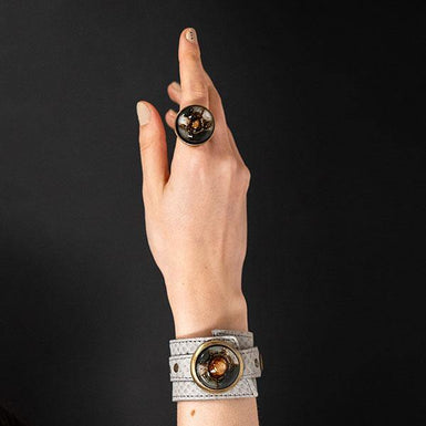 Cristalida Women`s Leather Wristband - Adjustable - Grey - Width 1.6 Inches - Jewelry - Bonaire - JOYasForYou