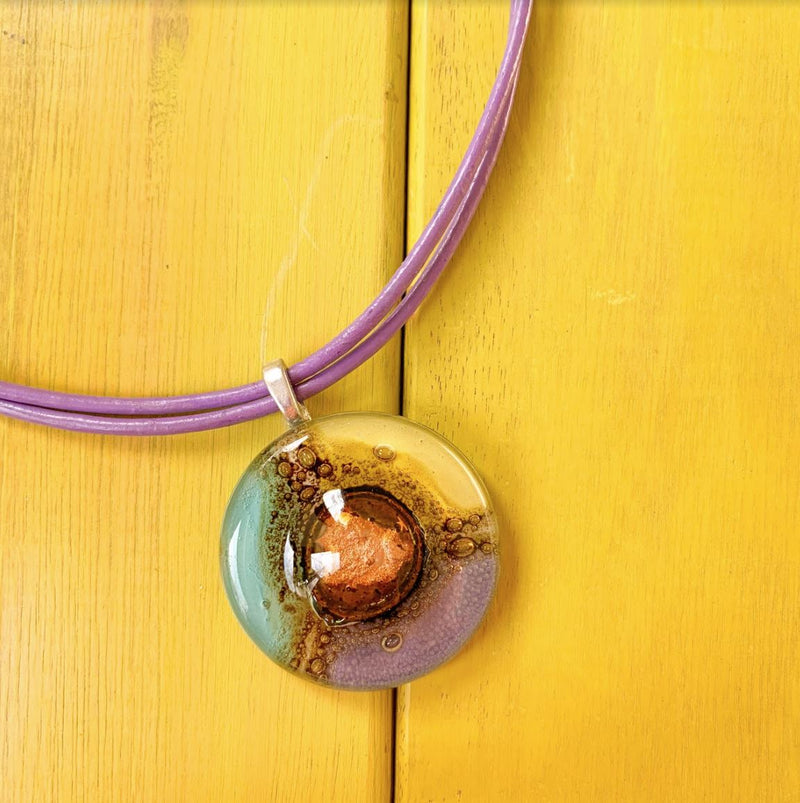 Cristalida Short Necklace / Fused Glass, Leather Cords / Purple, Yellow, Blue / Round Small Pendant 1.25 Inches / Candy Necklace