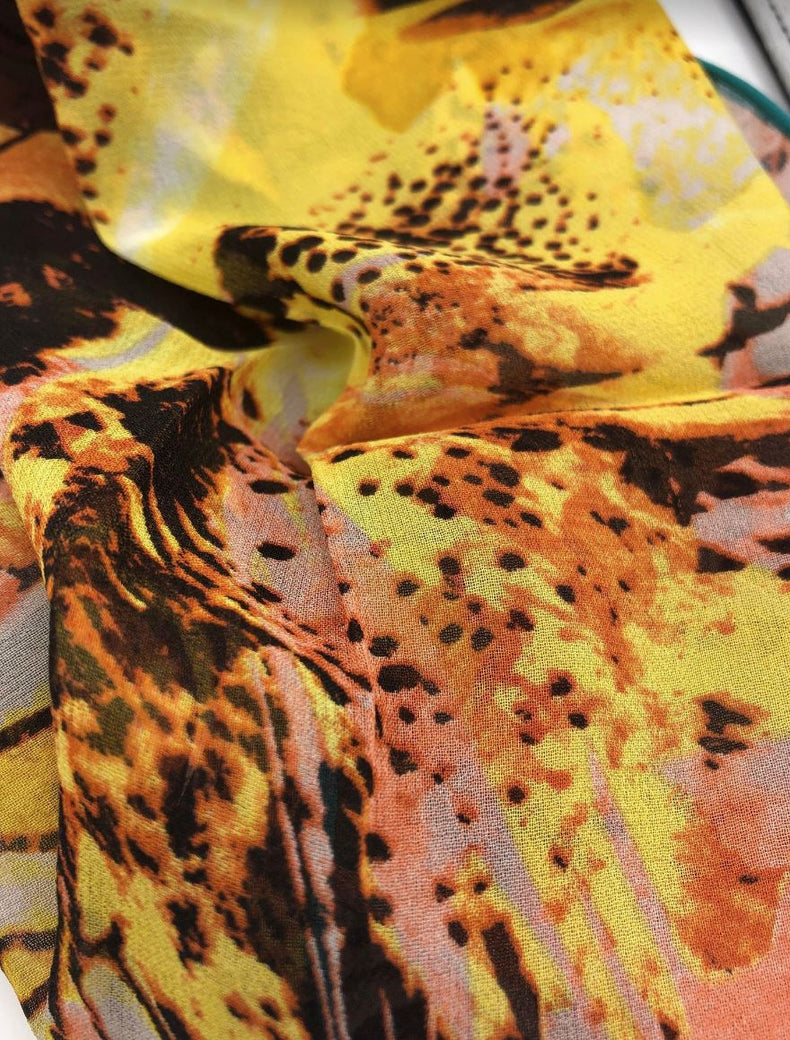 Silk Georgette Lightweight Long Scarf / Yellow, Multicolor /  21.65" x 70.87'' / 100% Pure Silk Georgette