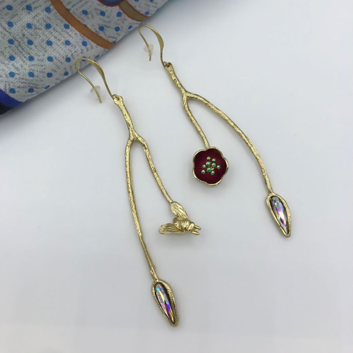 Kalliope Long Asymmetrical Earrings / Brass, Swarovski Crystals, Enamel / Red, Iridescent / Flowerfly-1