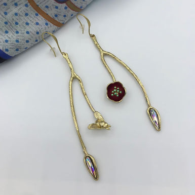 Kalliope Long Asymmetrical Earrings / Brass, Swarovski Crystals, Enamel / Red, Iridescent / Flowerfly
