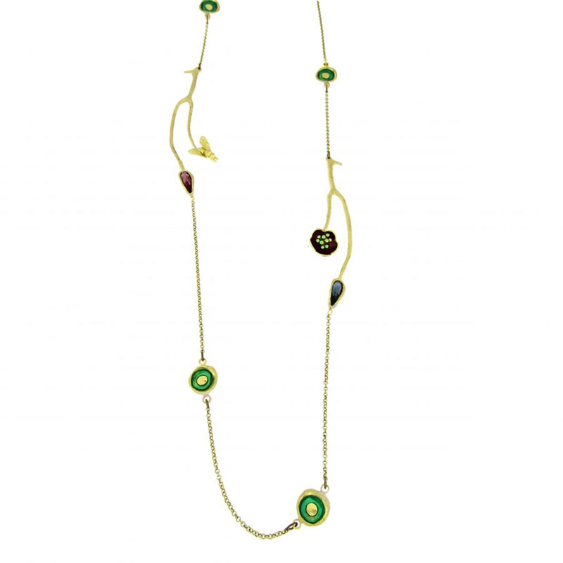 Kalliope Long Flower Bee Chain / Brass, Enamel, Swarovski Crystals/ Red, Green, Iridescent / Flowerfly