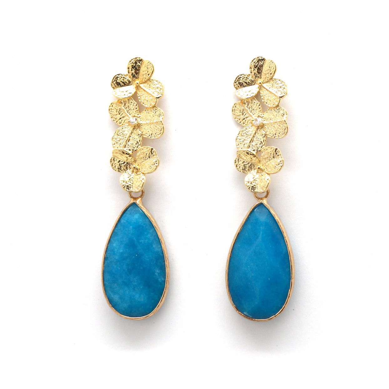 Habana Paris Drop Flowers Earrings For Women / Brass, Turquoise, Crystal  / Costume Jewelry