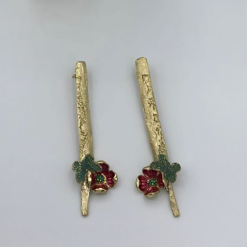 Kalliope Butterfly And Flower Earrings / Brass, Enamel / Red, Green / Long Earrings