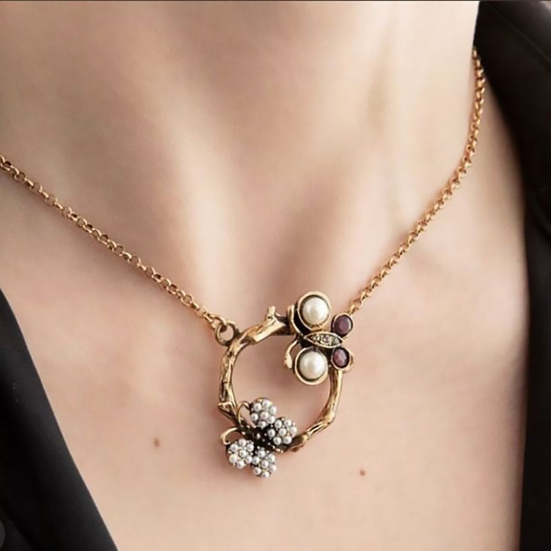 Alcozer Butterfly Short  Necklace / Golden Brass, Pearls, Swarovski, Rubies