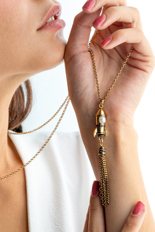 Alcozer Departure Necklace / Golden Brass, Pearl, Garnets / Long Chain / Tassel Pendant
