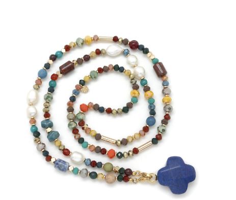 Habana Paris Mixed Gemstones Long Necklace/ Lapiz Lazuli, Pearls, Mixed Gemstones, Glass Beads  / Costume Jewelry - 0