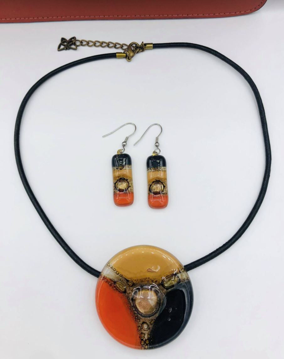 Cristalida Jewelry Set / Necklace, Earrings / Orange, Beige, Black / Fused Glass, Leather Cord, Surgical Steel / Gift Idea