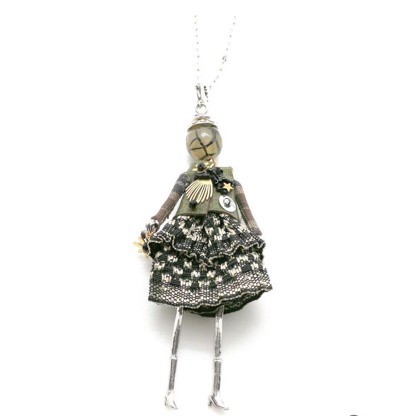 Moon C Doll Pendant on a Long Chain, Agate, Fabric, Metal / Olive Green, Black, Gold / 4 Inches /Girl Gift
