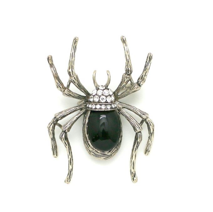 Moon C Onyx Spider Brooch / Onyx, Rhinestones / Black Pin