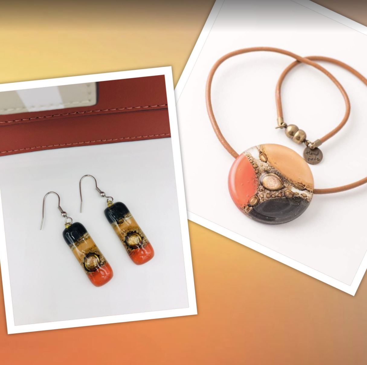 necklace and earring set. The orange and black fashion jewellery set is made of fused glass and a leather cord. Best gift idea for her.