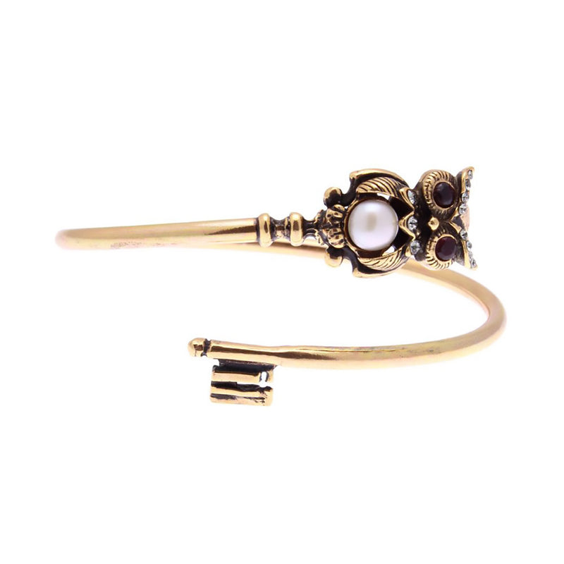 Alcozer Owl Key Cuff Bracelet / Golden Brass, Swarovski Crystals, Pearl, Garnet / Costume Jewelry