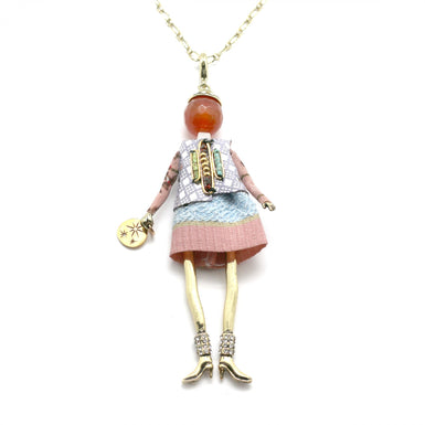 Moon C Doll Pendant on a Long Chain, Agate, Fabric, Metal / Pink, Blue / 4 Inches / Gift Idea
