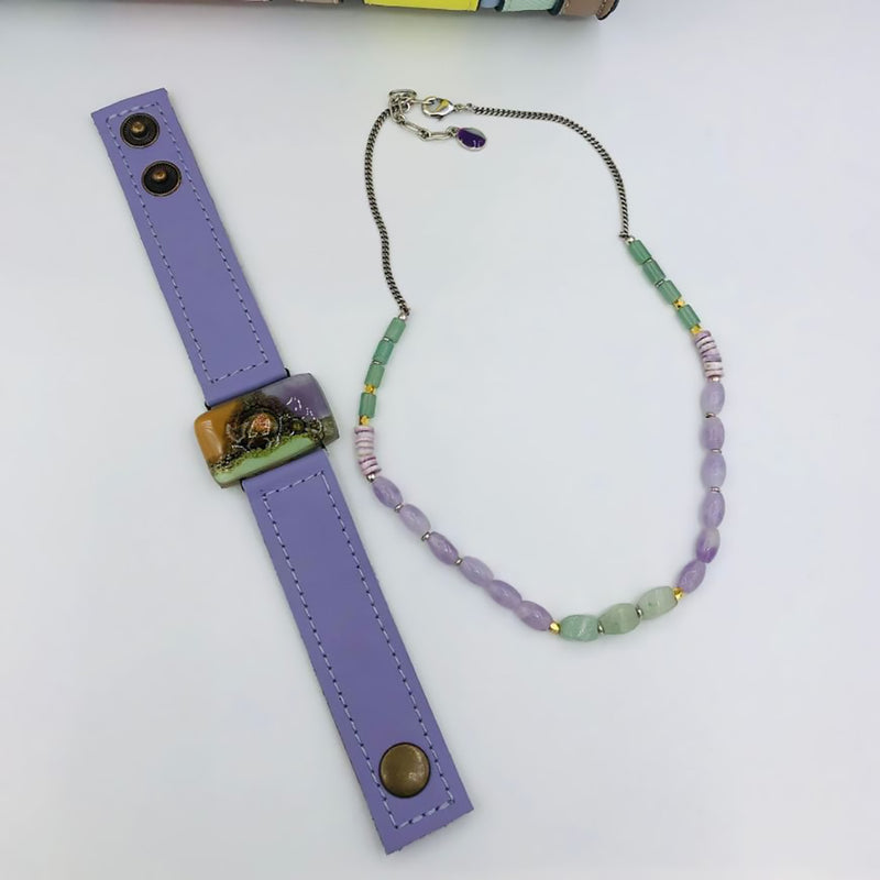 Cristalida, Nature Bijoux Jewelry Set / Purple, Green / Bracelet, Necklace / Amethyst, Aventurine, Green Quartz, Leather, Fused Glass