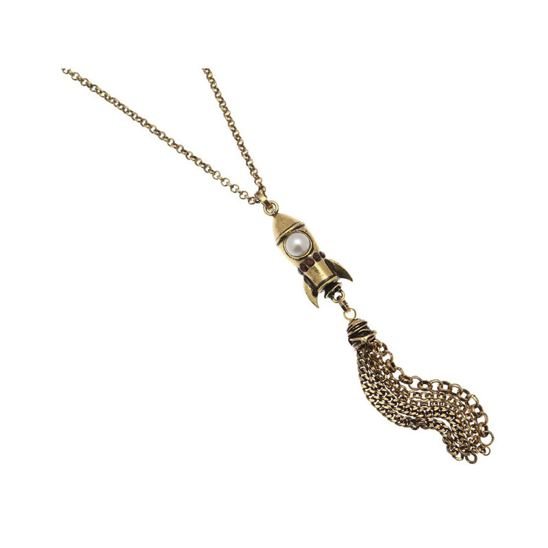 Alcozer Departure Necklace / Golden Brass, Pearl, Garnets / Long Chain / Tassel Pendant