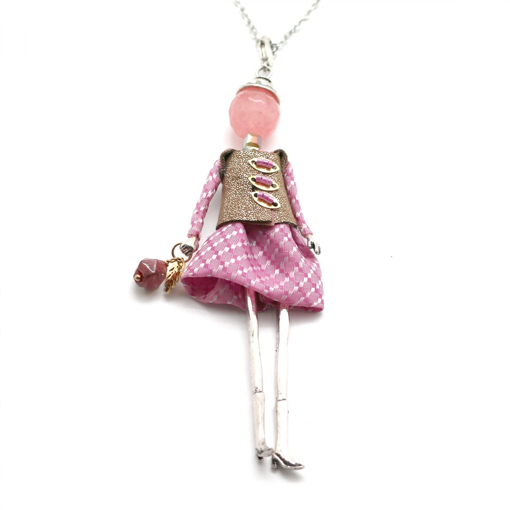 Moon C Doll Pendant on a Long Chain, Agate, Fabric, Metal / Pink / 4 Inches /Girl Gift