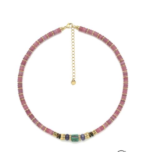 Habana Paris Pink Quartz Malachite Short Necklace For Women / Pink Quartz, Malachite, mixed Gemstones / Costume Jewelry