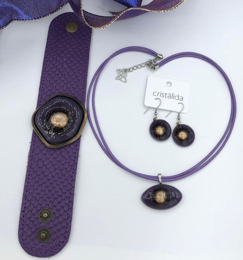 Cristalida Fashion Jewelry Set For Women, Bright Purple, Bracelet / Short Necklace / Earrings, Gift Set