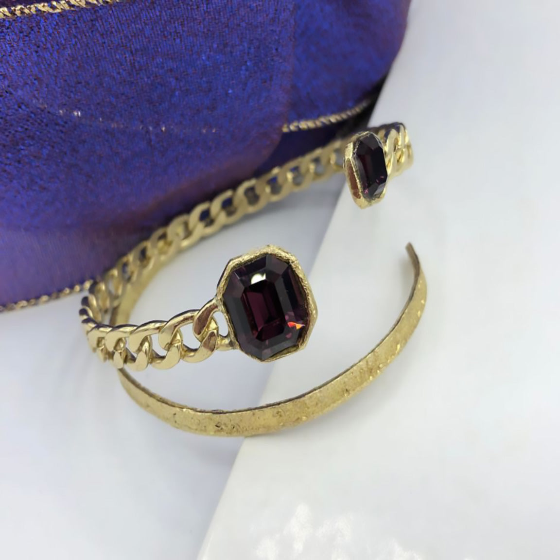 Kalliope Crystal Chain Cuff Bracelet For Women / Brass, Swarovski Crystals / Dark Purple / Kahlua