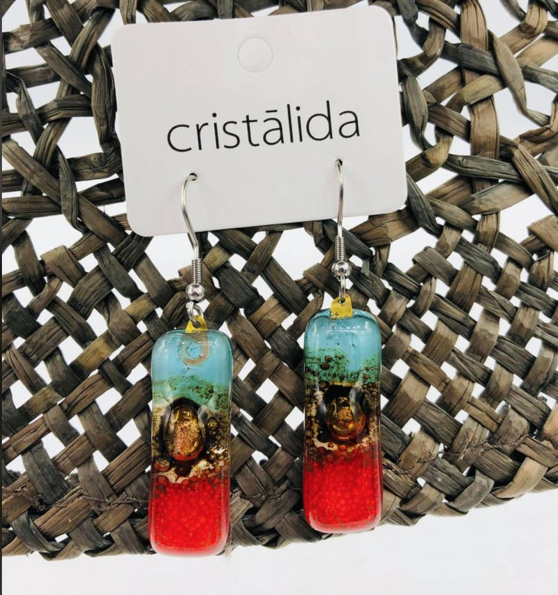 Cristalida Rectangular Earrings For Women / Fused Glass, Surgical Steel / Red, Blue / Fashion Jewelry