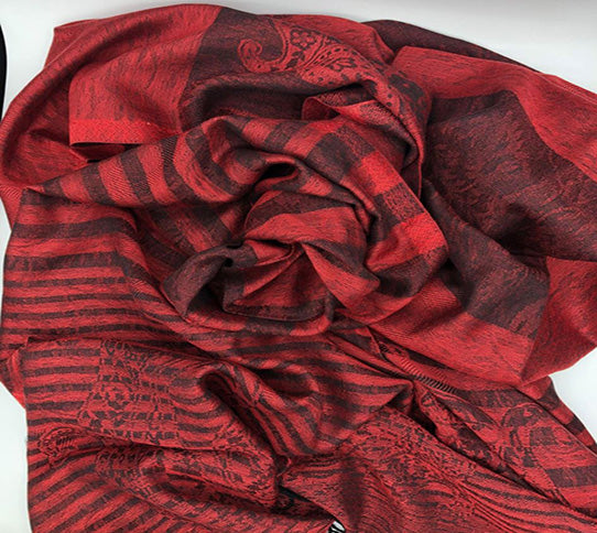 Long Modal Striped Fringed Scarf / 27.5*74 Inches / Red / 100% Modal / Super Soft / Gift Idea