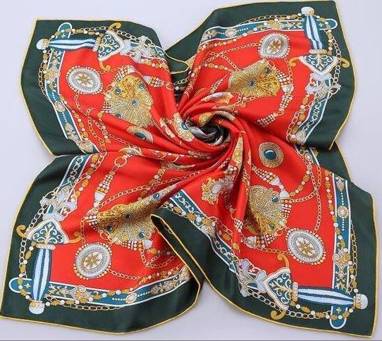 Fashion High Quality Silk Scarf  For Women / Red, Green, Gold / 35" x 35", 14 mm / 100% Silk twill / Gift Idea