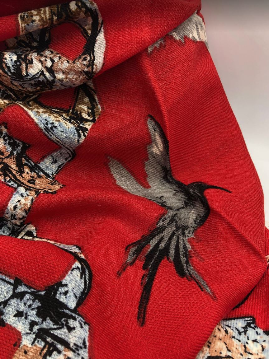 Bird Pattern Large Square Wool Scarf / Red, Grey / 45.3" x 45.3"/ 100% Wool / Gift Idea