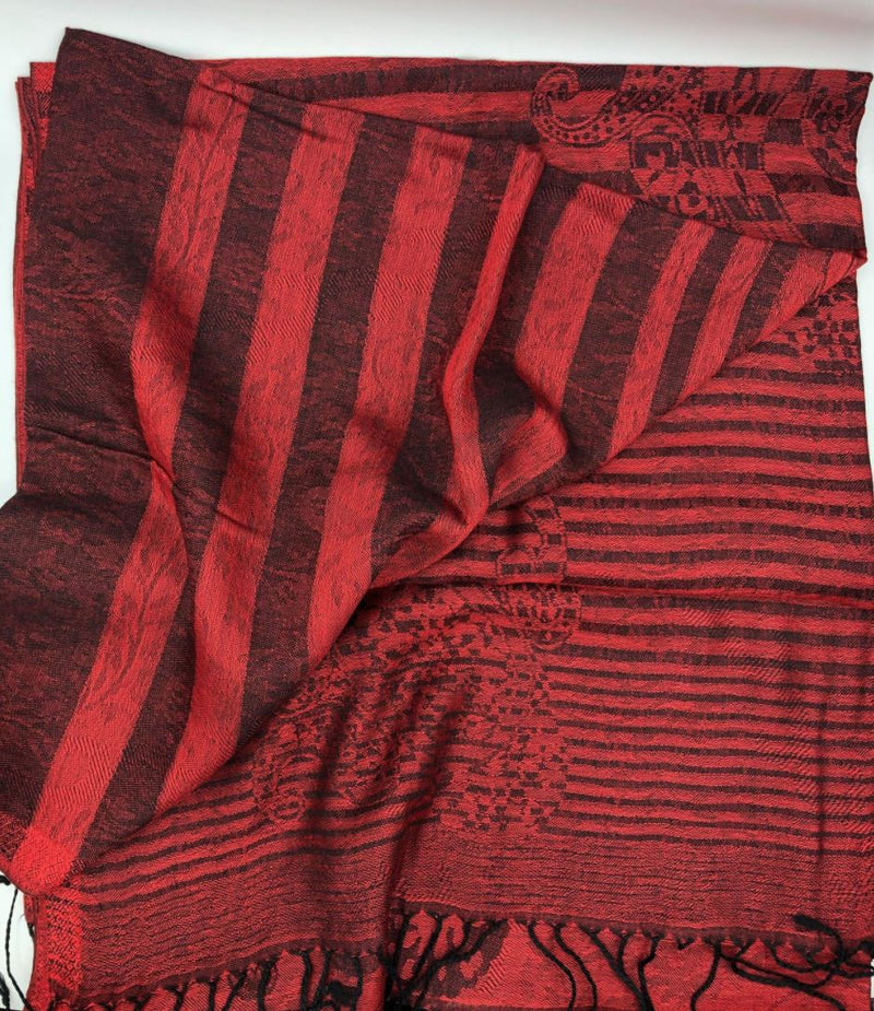 Long Modal Striped Fringed Scarf / 27.5*74 Inches / Red / 100% Modal / Super Soft / Gift Idea