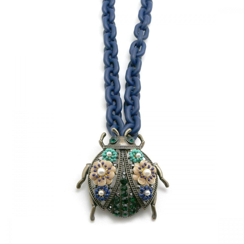Moon C Ladybug Pendant on a Long Resin Chain/ Blue / Resin, Brass, Crystals /  Gift Idea - JOYasForYou