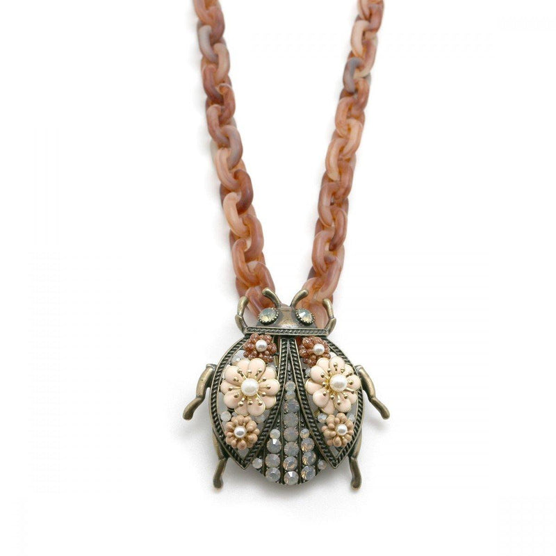 Moon C Ladybug Pendant on a Long Resin Chain/ Beige / Resin, Brass, Crystals /  Gift Idea - JOYasForYou
