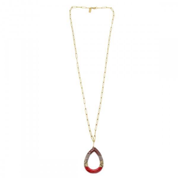 Habana Paris Leather Drop Pendant On a Long Chain Necklace / Stainless Steel, Leather / Red, Burgundy, Gold - JOYasForYou