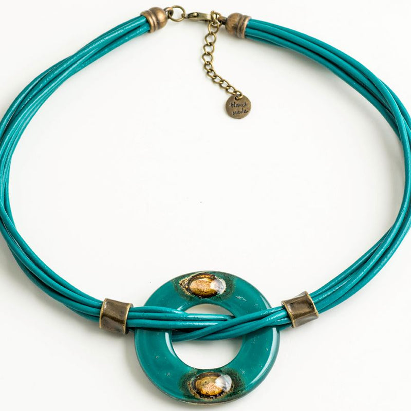 Cristalida Short Necklace / Fused Glass, Leather Cords / Bright Emerald / 2.5 Inches Pendant / Arya Necklace