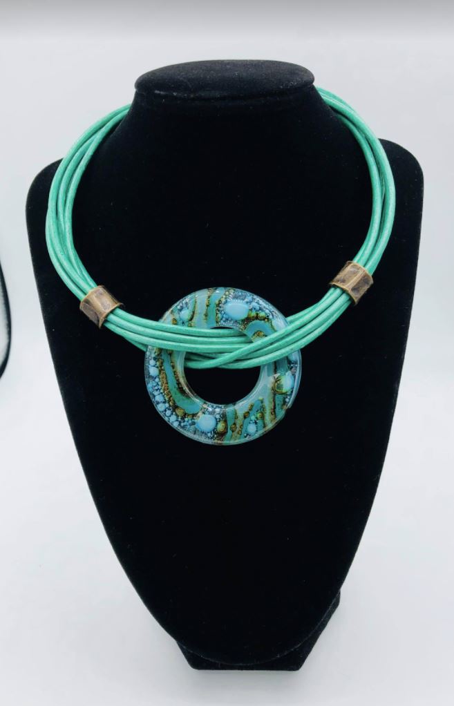 Cristalida Short Necklace / Fused Glass, Leather Cords / Emerald / 2.5 Inches Pendant / Arya Necklace-2