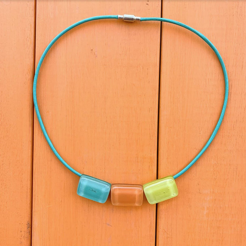 Cristalida Unique Short Necklace, Aqua Green, Orange, Yellow / Leather Cord, Fused Glass / Funky