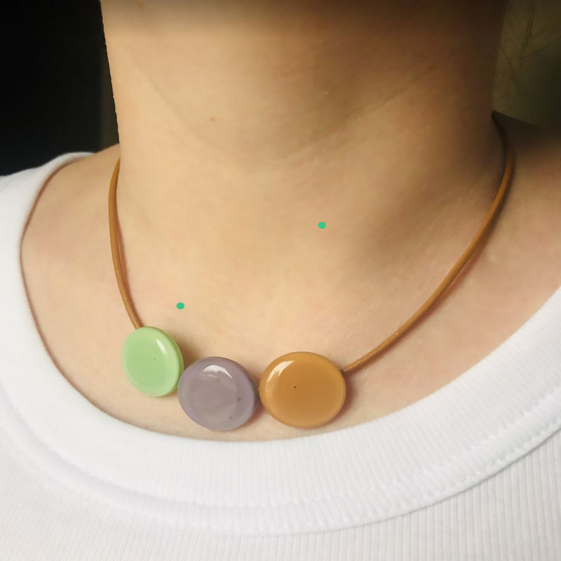 Cristalida Fashion Jewelry Set / Short Necklace, Bracelet / Fused Glass, Leather / Light Purple, Beige, Green / Gift For Her