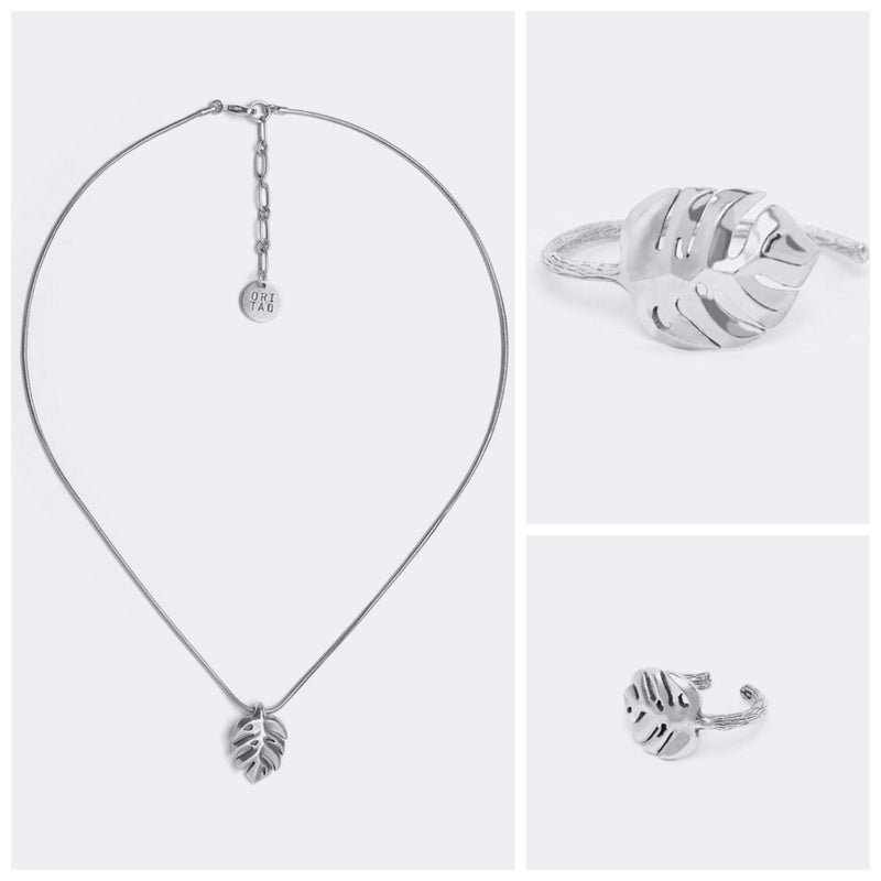 Ori Tao costume jewelry set / Short Necklace, Bracelet, Ring / Brass, Antic Silver Patina / Monstera Leaf