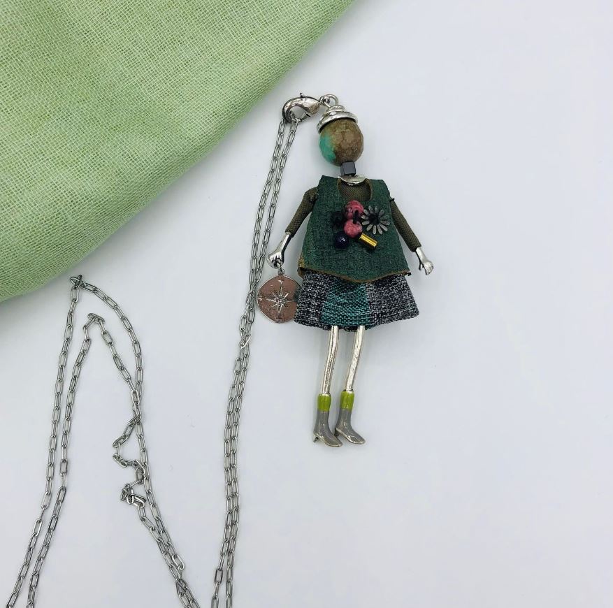 Moon C Small Doll Pendant on a Long Chain, Agate, Fabric, Metal / Green, Brown / 3 Inches - 0