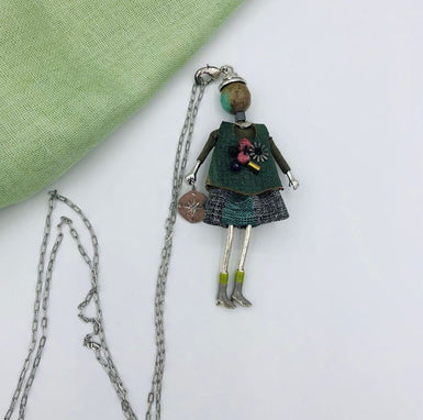 Moon C Small Doll Pendant on a Long Chain, Agate, Fabric, Metal / Green, Brown / 3 Inches