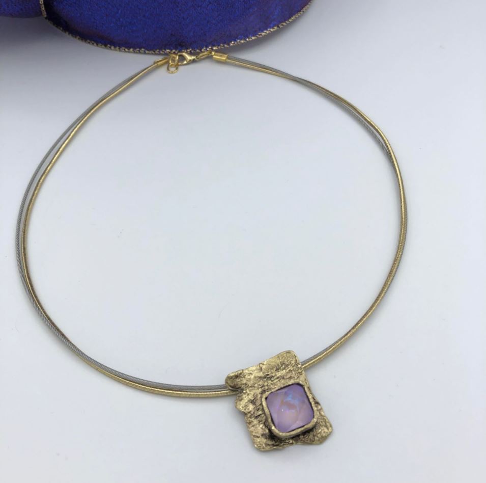 Kalliope Short Square Pendant Necklace / Brass, Swarovski Crystal/ Light Purple / Casual Necklace - 0