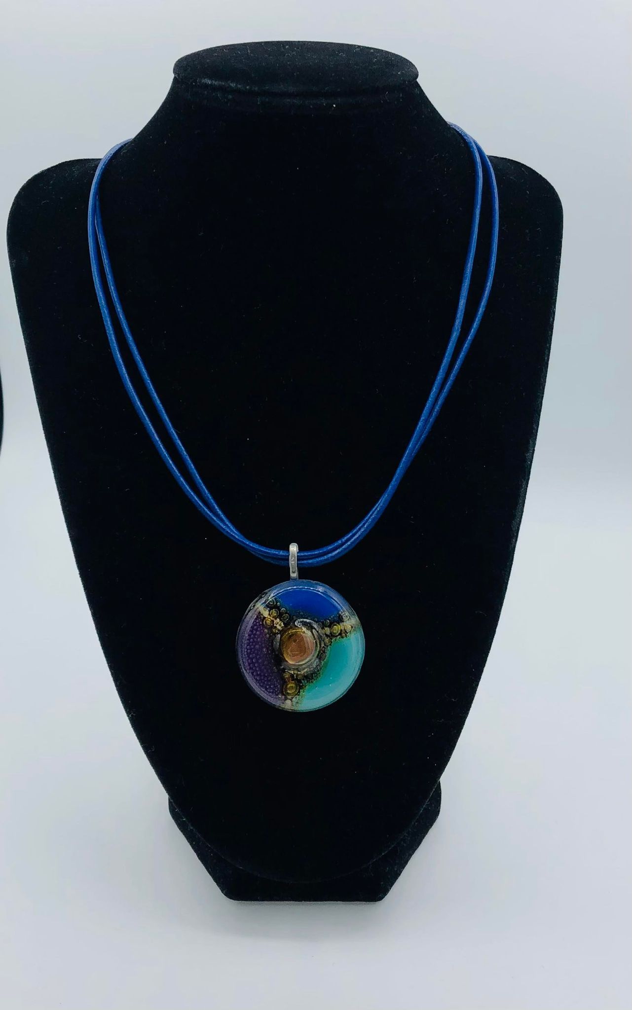 Cristalida Short Necklace / Fused Glass, Leather Cords / Blue, Purple / Round Small Pendant 1.25 Inches / Candy Necklace - 0