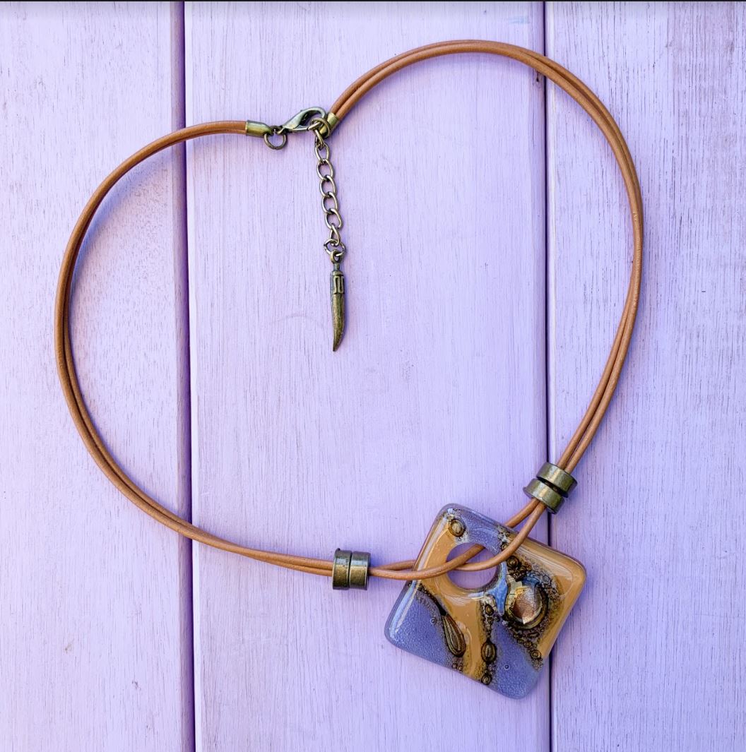 Cristalida Short Necklace For Women / Fused Glass, Leather Cords / Beige, Purple / Fashion Jewelry / Bahia