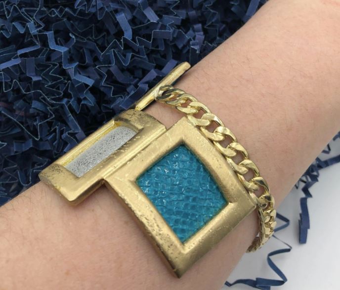 Kalliope Chain Cuff Bracelet For Women / Brass, Leather / Silver, Blue / Harlem-2
